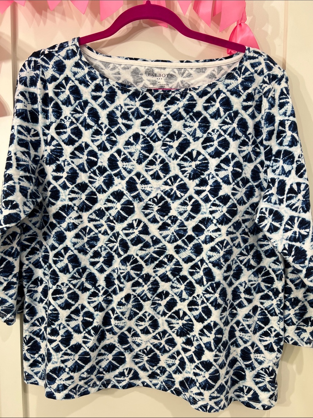 Talbots Navy and White 3/4 in Sleeve Tie-Dye Scoop Neck Top